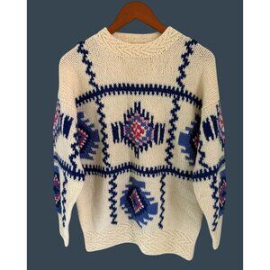 Hand-Knitted Shetland Wool Sweater By Susann D M Cream Blue Pink Aztec Tribal -